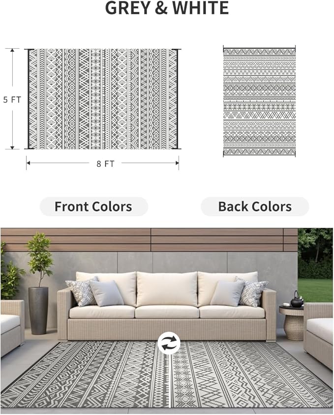 MontVoo Outdoor Rug Carpet Waterproof 5x8 Outdoor Patio Rug Mat Reverisble Plastic Straw Outdoor Rug for RV Camping Picnic Beach Balcony Boho Grey