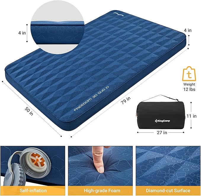 KingCamp Double Sleeping Pad, 2 Person Queen R 10 Self Inflating Sleeping Pad 4" Ultra Thick Full Size Foam Mattress Mat with 3D Sidewalls & Diamond-Cut Surface for Camping Tent Car, PVC Free