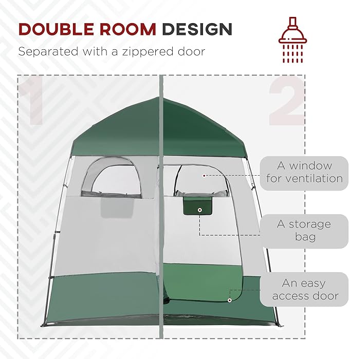 Outsunny Shower Tent, Pop Up Privacy Shelter for Camping, Dressing Changing Room, Portable Instant Outdoor Shower Tent Enclosure w/ 2 Rooms, Shower Bag, Floor and Carrying Bag