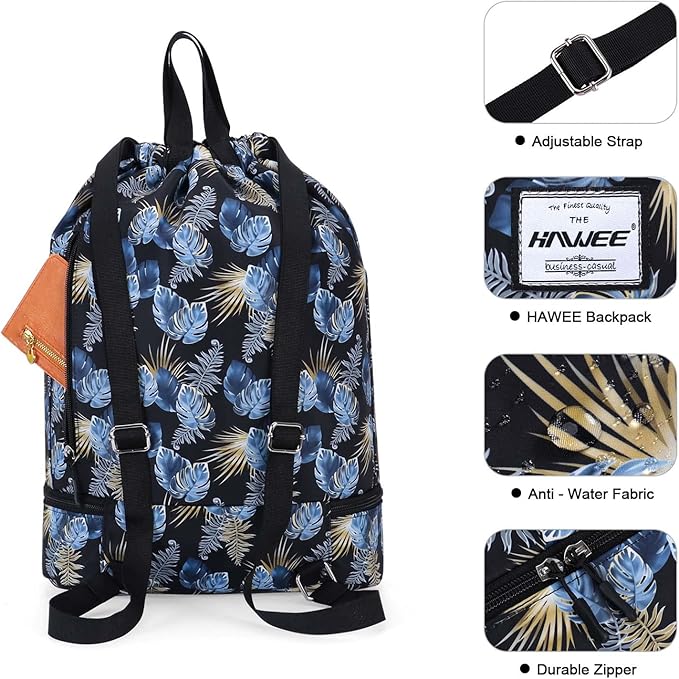 Dry Wet Drawstring Backpack with Shoe Compartment for Women Adjustable Gym Bag