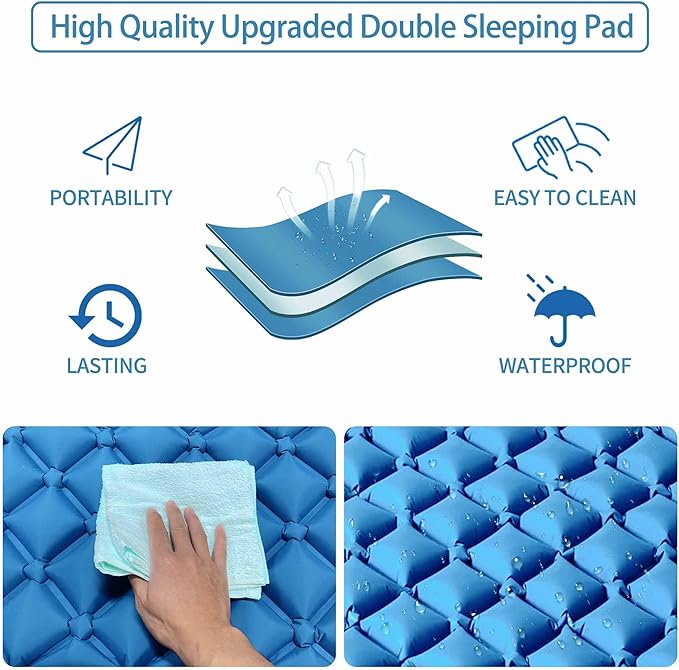 Double Sleeping Pad for Camping, 2 Person Ultralight Inflatable Sleeping Mat with Pillow and Built-in Foot Pump, Portable Camping Mattress for Tent, Backpacking, Hiking, Traveling（Blue