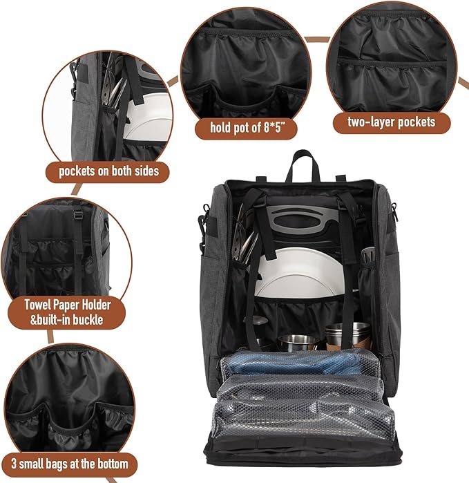 KingCamp Oversized Camping Kitchen Organizer, Ultralight Hanging Cooking Utensils Bag Portable Storage Backpack with Paper Towel Holder & 3 Pockets for Outdoor BBQ Cooking (Bag Only)