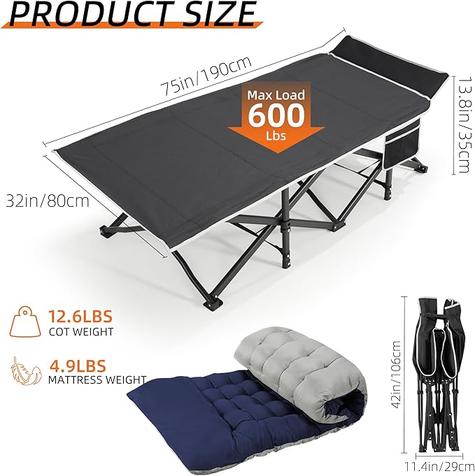 Portable Camping Cot, 32" Extra Wide Camping Cots for Adults with Thick Mattress, Heavy Duty Sleeping Cot Holds Up to 600LBS, Cots for Sleeping, Rv, Beach, Patio, Office Naps(Blue)