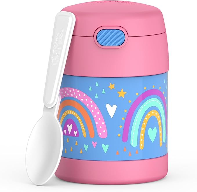THERMOS FUNTAINER Insulated Food Jar, 10 Ounce, Kid Friendly Food Jar with Foldable Spoon, Rainbow Dreams