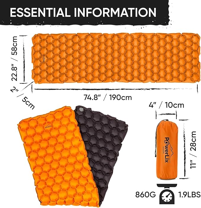 POWERLIX Ultralight Inflatable Camping Sleeping Pad - Camping Mattress for Backpacking, Hiking, Compact Lightweight Air Pad for Camping, Inflation Hand Pump Bag/Repair Kit Included