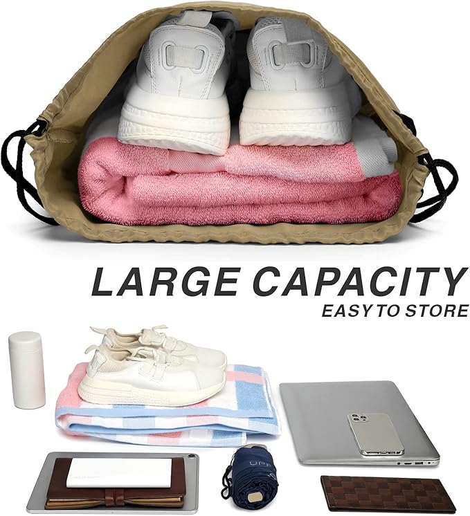BuyAgain Drawstring Backpack Sports Water Resistant String Bag Sport Gym Sackpack for Women Men Large with Zipper, Khaki