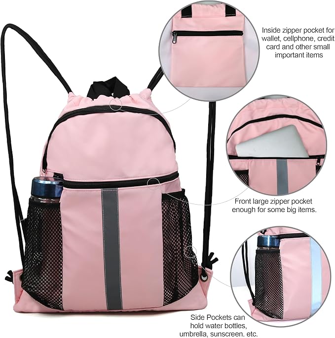 BeeGreen Drawstring Backpack Bag with Shoe Compartment, X-Large Black Gym Sports String Cinch Backpack