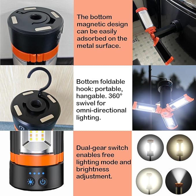 Rechargeable LED Camping Light with Detachable Tripod, 10000mAh Cordless Work Light with Adjustable 3 LED Lamp Heads, Dimmable Magnetic Lamp for Garage, Camping, Outdoor Emergencies, Orange