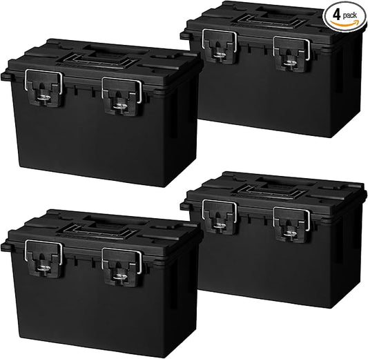 Sheffield 12764 4-Pack XL Ammo Storage Box, Stackable .50 Cal Field Boxes, Water and Dust Resistant, Lockable Storage Box with Handle, Heavy Duty Protection for Hunting Gear, Made in the USA, Black