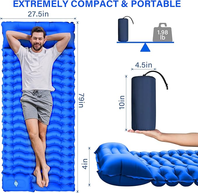 Camping Sleeping Pad, Ultralight Camping Pad with Pillow Built-in Foot Pump Inflatable Sleeping Mat Compact for Camping Backpacking Hiking Traveling - Blue