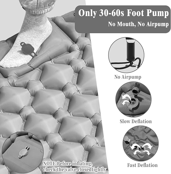 MEI&CO Ultra-Light Inflatable Sleeping Pad with Built-in Pillow & Foot Pump – for Camping, Hiking & Backpacking – Single Pad with Side Buttons for Double Conversion (1, Gray)