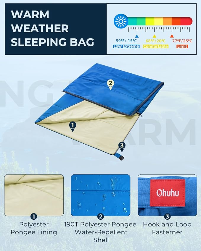 Sleeping Bag, Ohuhu Lightweight Sleeping Bag 3 Season Warm Weather Portable Compact Sleeping Bags for Adult Kids with Carry Bag for Camping Hiking Backpacking and Outdoors 59℉-77℉