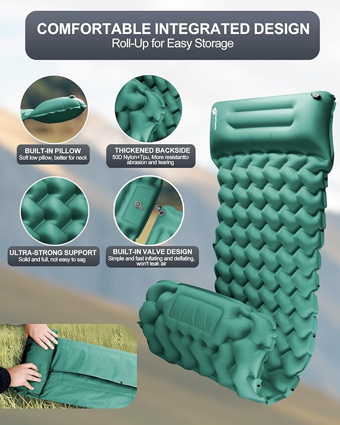 Inflatable Camping Sleeping Pad with Pillow & Foot Pump, 3"x79"x26" Single Camping Air Mattress, Compact Roll-Up, Quick-Dry & Durable Sleeping Mat for Backpacking, Hiking, Tent, Travel – Lake Green