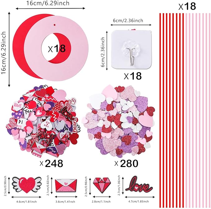 TINYFUTURE 18 Sets DIY Valentine's Day Foam Wreath Crafts Kits Decorations Self Adhesive Heart Sticker Love Heart Letter Shiny Sticker for Kids Party Favors Fun Classroom Home Activities