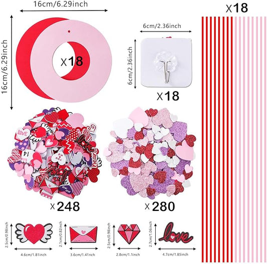 TINYFUTURE 18 Sets DIY Valentine's Day Foam Wreath Crafts Kits Decorations Self Adhesive Heart Sticker Love Heart Letter Shiny Sticker for Kids Party Favors Fun Classroom Home Activities