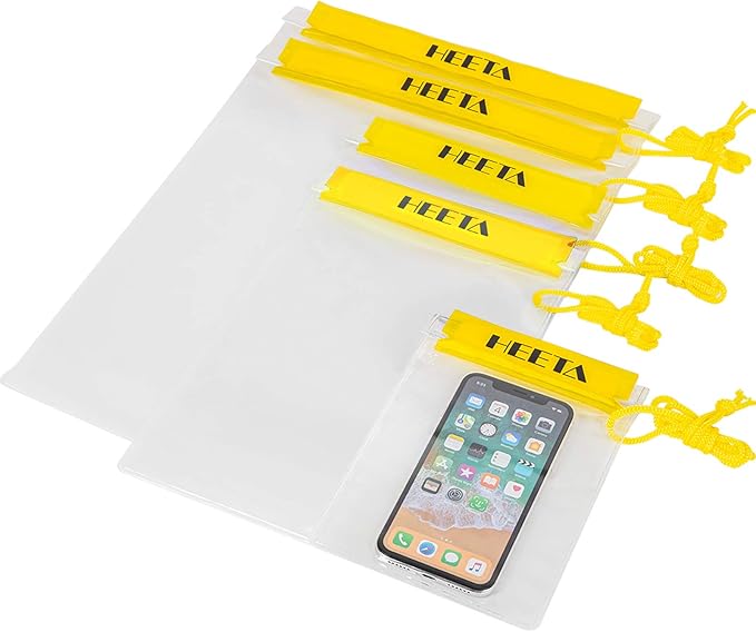 HEETA 2-Pack Waterproof Pouch with Waist Strap, Transparent Screen Touchable Dry Bag Bundled with 5-Pack Clear Waterproof Dry Bag