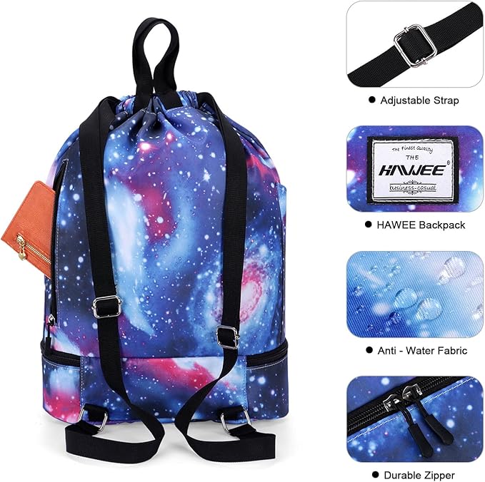 Dry Wet Drawstring Backpack with Shoe Compartment for Women Adjustable Gym Bag