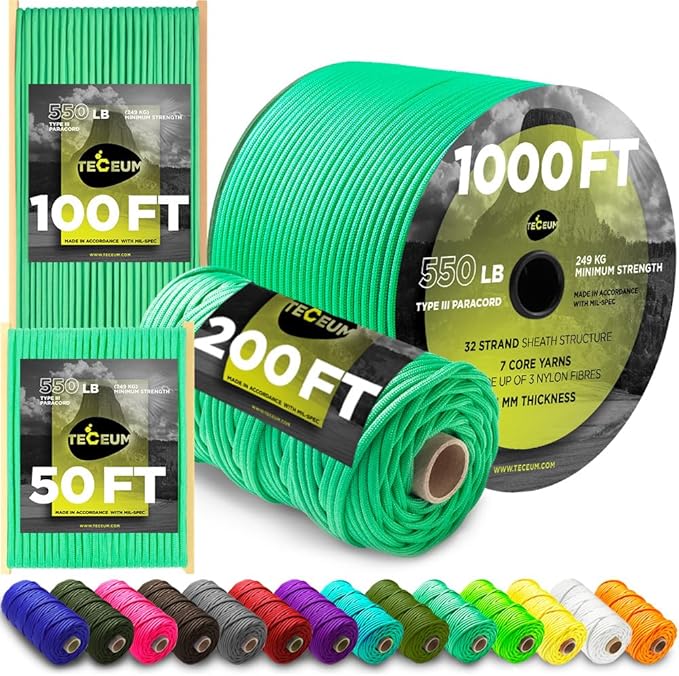 TECEUM Heavy Duty Rope 1000 – 1000ft / 200ft / 100ft / 50ft – 40+ Colors – Utility Rope for Survival & Camping Gear – Nylon String, Camping Rope, para Cord, Utility Nylon Rope, Tent Cord