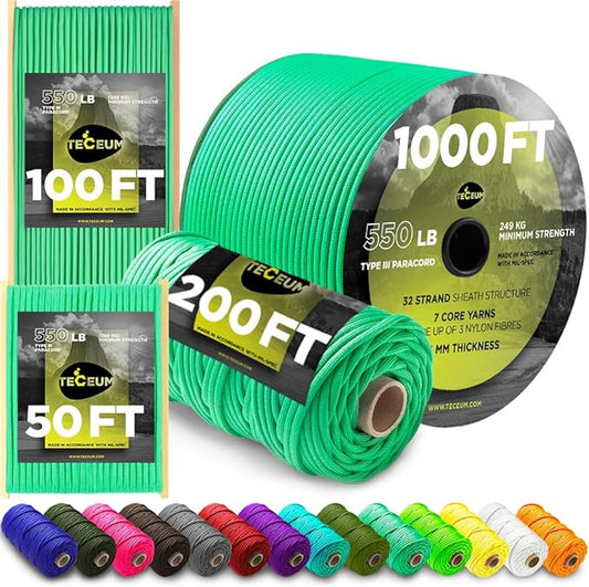 TECEUM Heavy Duty Rope 1000 – 1000ft / 200ft / 100ft / 50ft – 40+ Colors – Utility Rope for Survival & Camping Gear – Nylon String, Camping Rope, para Cord, Utility Nylon Rope, Tent Cord