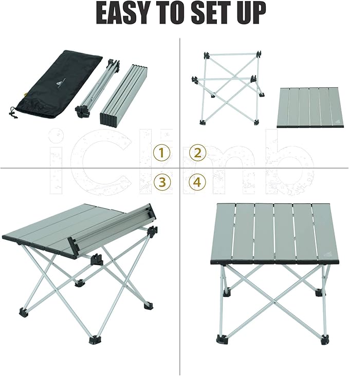 iClimb Ultralight Compact Camping Folding Table with Carry Bag (Silver - S)
