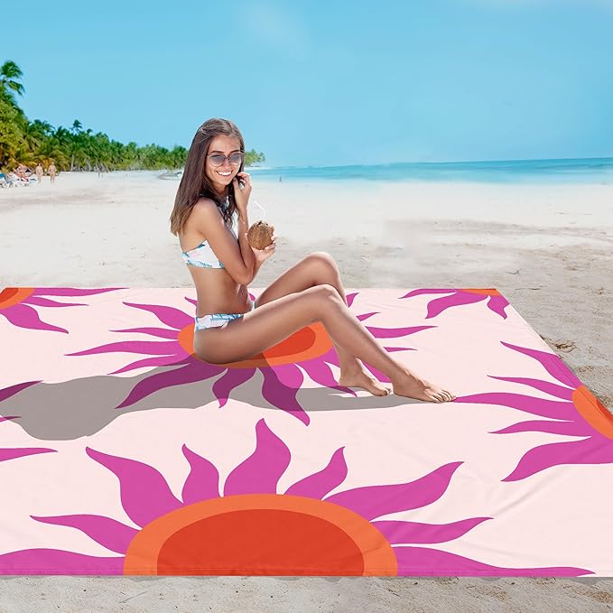 Large Beach Blanket Waterproof Sandproof, 9×10 FT Beach Mat Sand Free for 2-8 Adults with Stakes and Sand Pocket, Foldable Picnic Blankets for Outdoor, Camping Hiking, Vacation Essentials-Boho Sunset