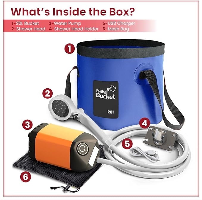 Elil Portable Camping Shower Pump with 3 Gallon Collapsible Bucket - Rechargeable Battery Camp Shower Electric Shower, Portable Shower for Camping Shower Tents (Shower Pump + 5 Gal Bucket)