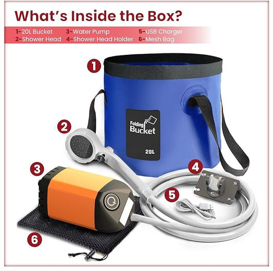 Elil Portable Camping Shower Pump with 3 Gallon Collapsible Bucket - Rechargeable Battery Camp Shower Electric Shower, Portable Shower for Camping Shower Tents (Shower Pump + 5 Gal Bucket)