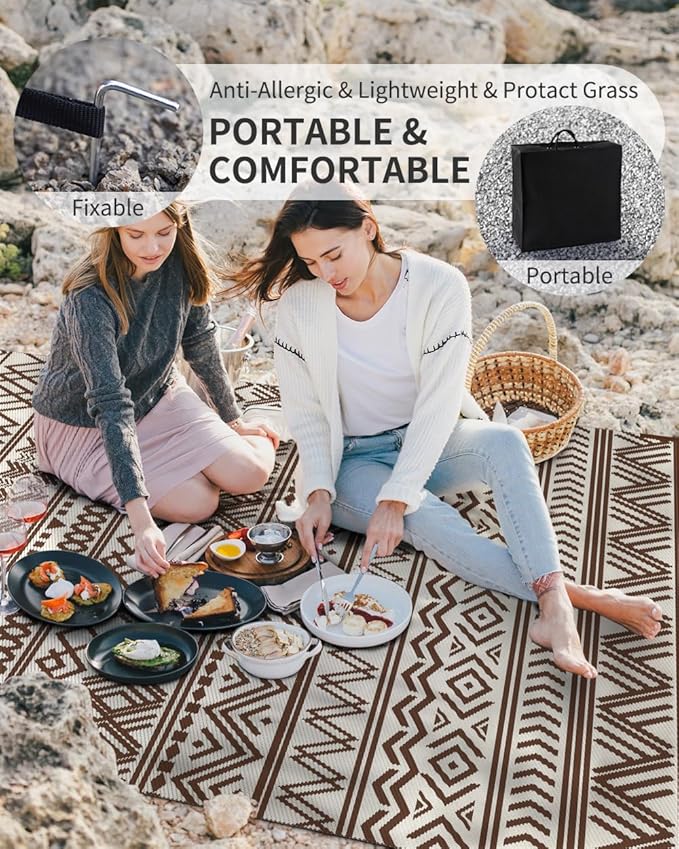 MontVoo-Outdoor Rug Carpet Waterproof 6x9 ft Reversible Patio Rug RV Camping Rug-Plastic Straw Rug Outside Indoor Outdoor Area Rug for Patio Deck Balcony Picnic Beach Outdoor Decor Boho Beige Brown