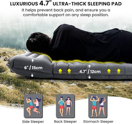 Double Sleeping Pad, 4.7“ Ultra-Thick Camping Mattress 2 Person for Backpacking, Hiking(Grey)