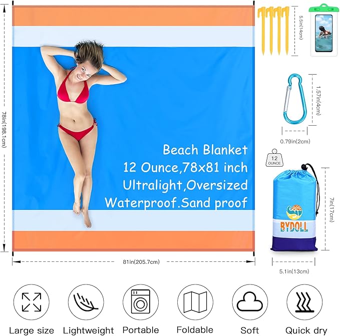 BYDOLL Beach Blanket 78''X81'' 4-7 Adults Oversized Lightweight Waterproof Sandproof Blanket for Beach Large Picnic Mat Travel Camping