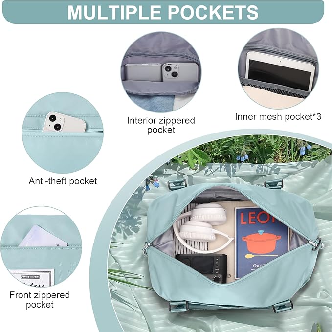 BJLFS Duffel Bag, Light Blue Nylon, 60L, Water-Resistant, Adjustable Strap, Overnight Travel, Workout, Sports Activities, Fits 15.6 Inch Laptop