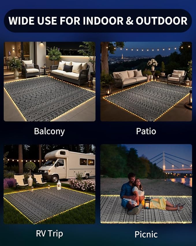 MontVoo-Outdoor Rug Carpet 9x12 ft for Patio RV Camping with Led Strip Lights Waterproof Plastic Straw Rug Reversible Portable Outside Indoor Outdoor Rug Mat for Patio Decor Balcony Picnic-Boho Rug