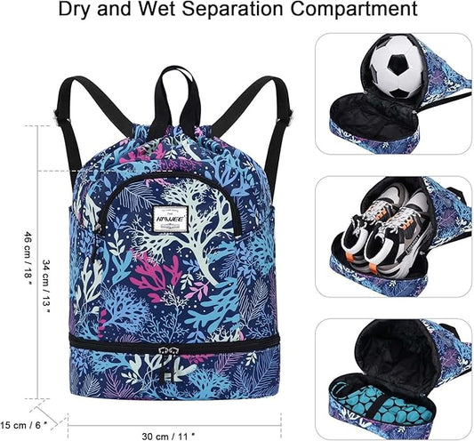 Dry Wet Drawstring Backpack with Shoe Compartment for Women Adjustable Gym Bag