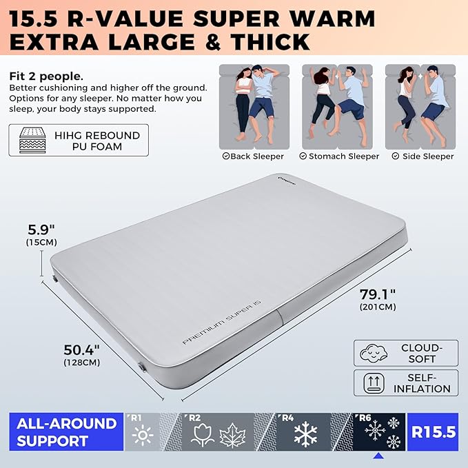 KingCamp Luxury 3D Insulated Double Self Inflating Camping Sleeping Pad, Portable Large Thick Self Inflatable Foam Air Mattress