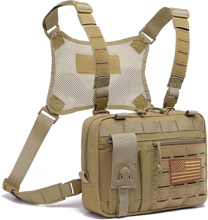 Tactical Molle Admin Pouch of Laser Cut Design,Medical EMT Organizer with Phone Pouch,EDC EMT Pack IFAK Tool Holder with US Patch (Large Brown with Harness)