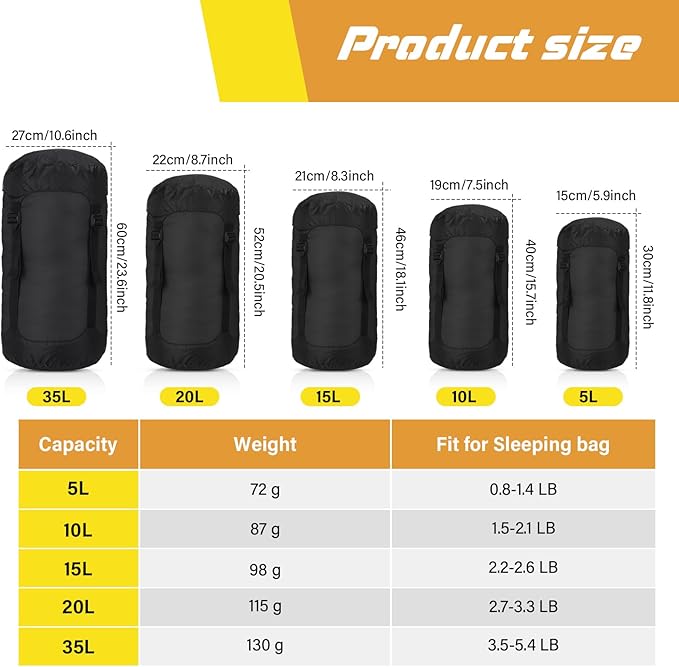 5 Pcs Compression Sacks for Backpacking 5L/10L/15L/20L/35L Camping Sleeping Bag Stuff Sack Water Resistant Sleeping Bag Storage Sack for Space Saving Hiking Gear