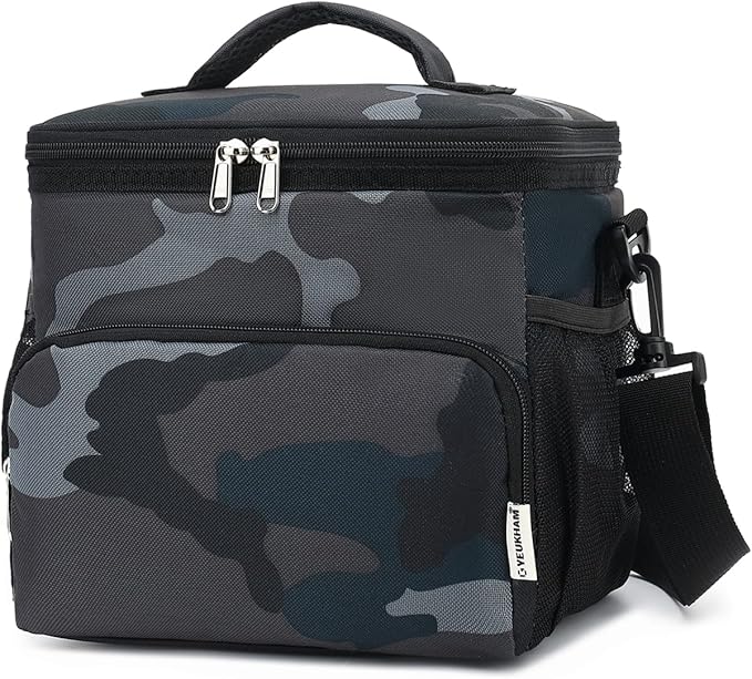 Insulated Reusable Lunch Bag Adult Large Lunch Box for Women and Men with Adjustable Shoulder Strap,Front Zipper Pocket and Dual Large Mesh Side Pockets,Black Camo