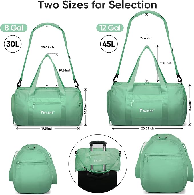 BALEINE Gym Bag for Women and Men, Small Duffel Bag for Sports, Gyms and Weekend Getaway, Waterproof Dufflebag with Shoe and Wet Clothes Compartments, Lightweight Carryon Gymbag (Green)