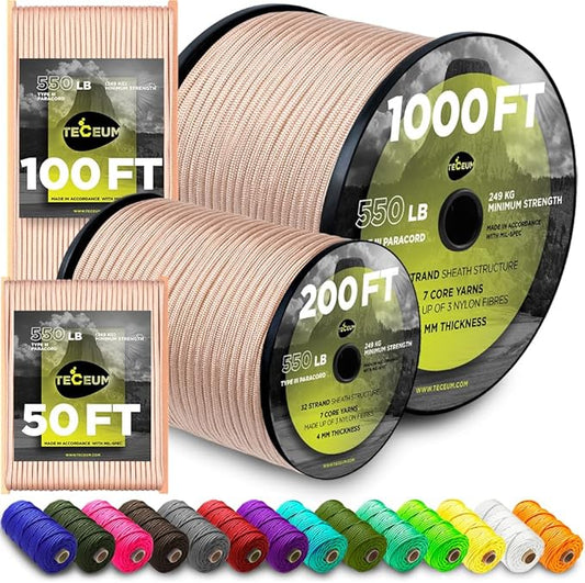 TECEUM Heavy Duty Rope 1000 – 1000ft / 200ft / 100ft / 50ft – 40+ Colors – Utility Rope for Survival & Camping Gear – Nylon String, Camping Rope, para Cord, Utility Nylon Rope, Tent Cord