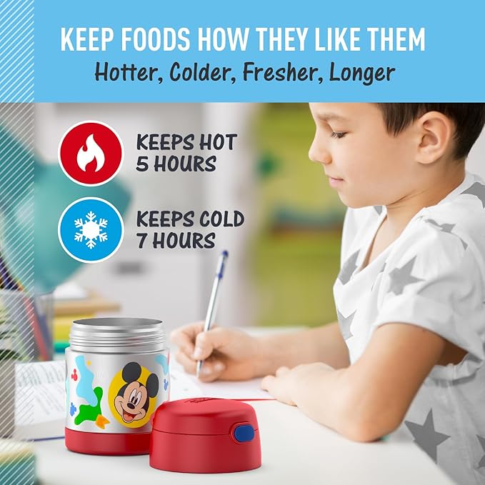 THERMOS FUNTAINER 10 Ounce Stainless Steel Vacuum Insulated Kids Food Jar with Spoon, PRESCHOOL MICKEY