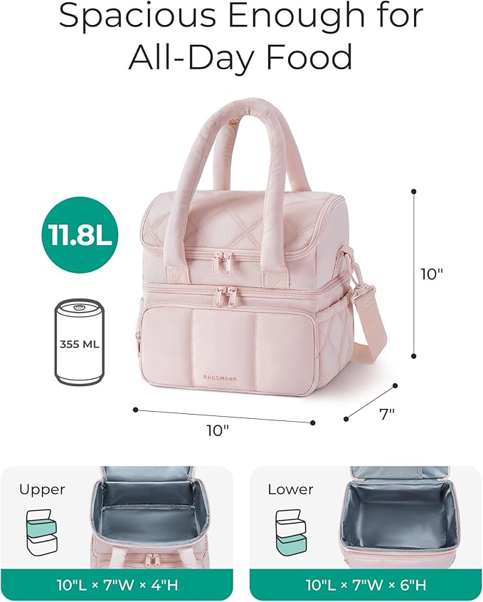 BAGSMART Lunch Bag Women, Double Deck Insulated Lunch Box, Quilted Puffer Lunch Tote, Leakproof, Durable & Reusable Large Lunch Cooler For Work Picnic Travel Meal Prep, Beige