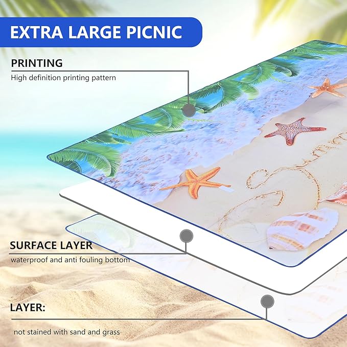 Picnic Blanket, Foldable Waterproof Sand Mat, Extra Large Picnic Blanket Outdoor Picnic Mat Beach Blanket for Park Grass Camping Hiking Travel Family Concerts