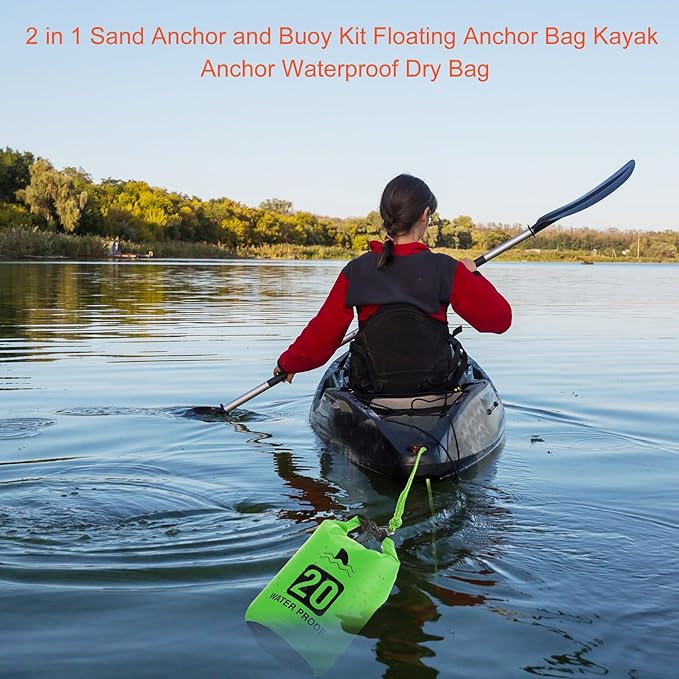 2 Set 20L Sand Anchor Heavy Duty Buoy Kit 2 in 1 Kayak Anchor Floating Waterproof Dry Bag with High Visibility Float Rope for Lake Beach Boat Hiking Camping Water Sports Surfing Kayaking(Green)