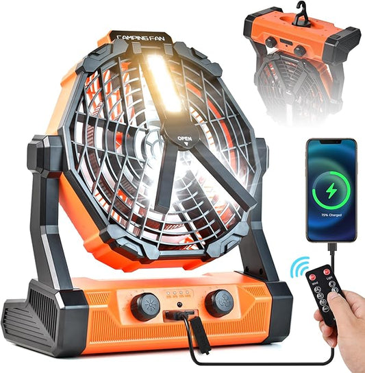 Camping Fan Ventilador Recargable 20000mAh Battery Operated With LED Lantern/Hook/Remote Auto Oscillating 60 Hrs Work Cordless Tent Fan for Emergency, Camping, Outdoor