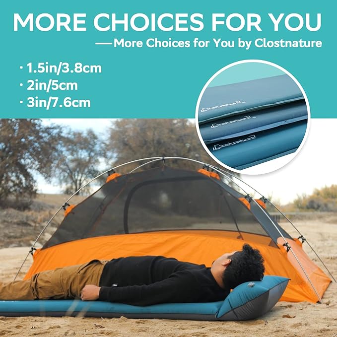 Clostnature Self Inflating Sleeping Pad for Camping - 1.5/2/3 inch Camping Pad, Lightweight Inflatable Sleeping Mat for Backpacking, Compact Ultralight Foam Camping Air Mattress for Tent, Hammock