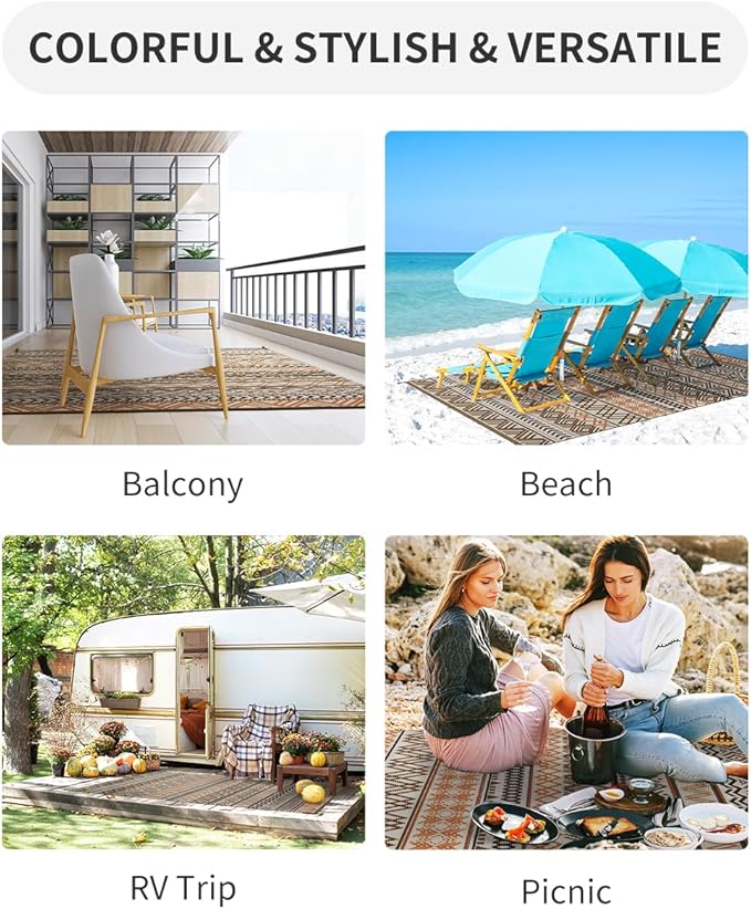 MontVoo Outdoor Rug Carpet 8x10 Waterproof-Patio Rug Mat Reversible RV Camping Rug Picnic Mat Plastic Straw Outside Rug for Balcony Porch Deck Beach-Boho Outdoor Area Rug for Patio Decor Colorful