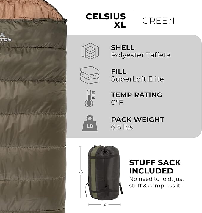 TETON Celsius XL, -25F, 20F, 0F Degree Sleeping Bags, All Weather Warm Sleeping Bag for Adults and Kids, Camping Season, Compression Sack Included