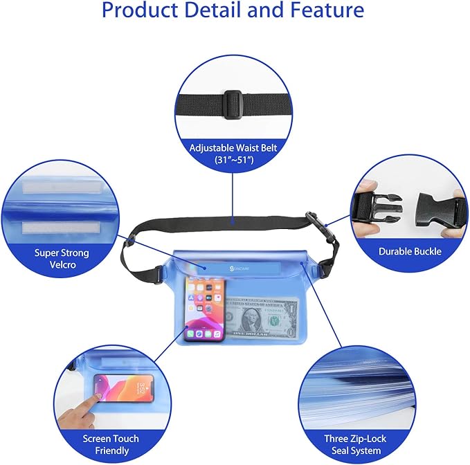 SYNCWIRE Waterproof Pouch Bag with Adjustable Waist Strap (2 Pack) - IP68 Waterproof Waist Bag Screen Touchable Dry Bag with Adjustable Belt for Beach, Swimming, Boating, Fishing, Hiking, etc