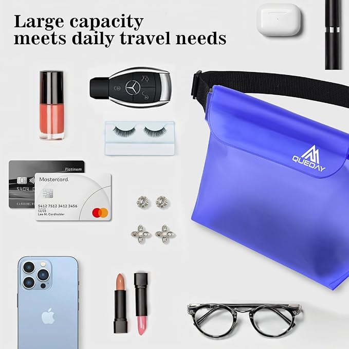 Queday 3-Pack Waterproof Pouch with Waist Strap, Screen Touchable Dry Bag with Adjustable Belt for Phone Valuables for Swimming Snorkeling Boating Fishing Kayaking Blue Pink Blue