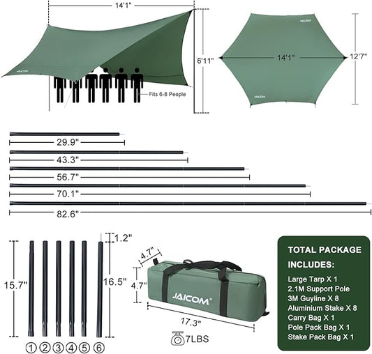 Camping Tarp, 14 X 12FT Tarp with 2 Poles, Waterproof & Lightweight Tent Tarp Car Awning, UV UPF50+ Rain Fly Sun Shelter Can Used with Hammock in Outdoor, Garden and Backpacking